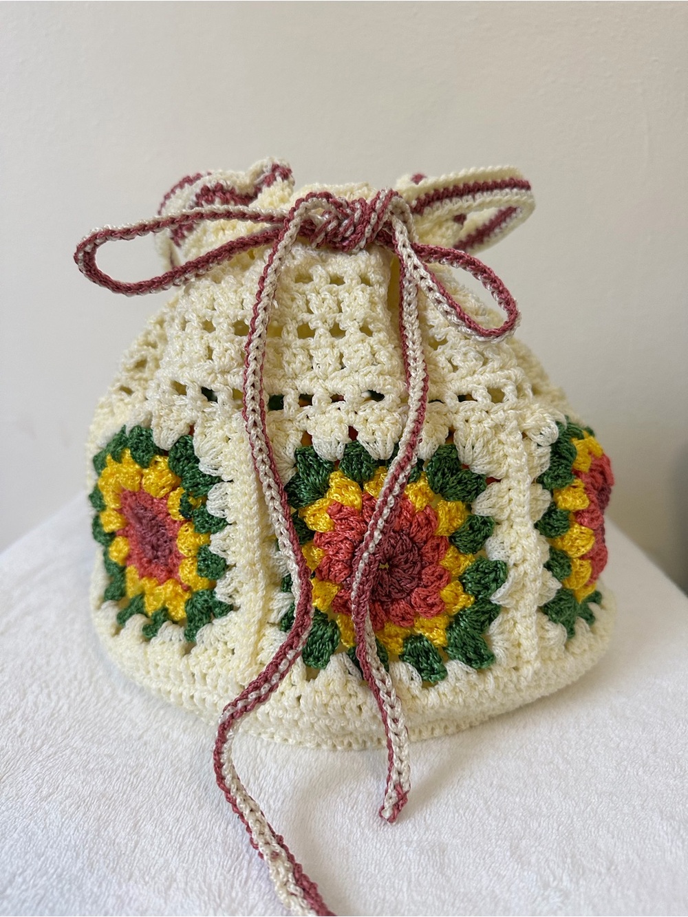 Handmade Cream Crochet Drawstring Bag with Yellow & Green Accents